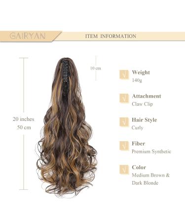 Buy Gairyan 50cm Long Curly Ponytail Hair Extensions - Medium Brown & Dark Blonde Claw Clip Synthetic Wavy Hair for Women - Buy Online on GoSupps.com