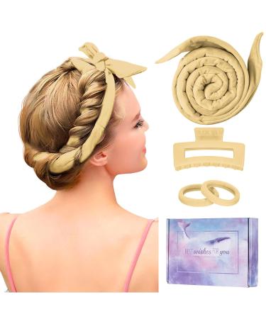 Lock winder curls without heat improved 60 "Extra -long Heatless Curls Band curlers without heat overnight diy hair curler set hair band wave designers for medium long hair (khaki)