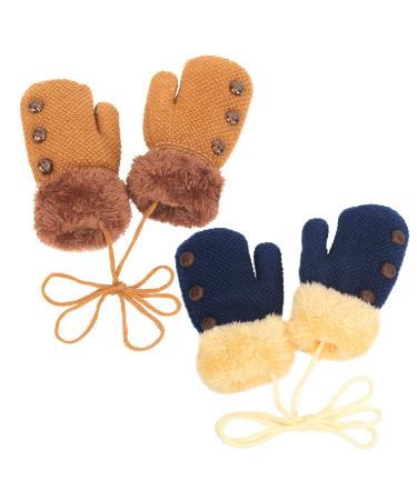 HAMOOM 2Pairs Toddler Knitted Gloves Kids Winter Mittens Baby Knitted Mittens Thicken Girl Boy Infant Full Finger Gloves with Anti-lost Adjustable String for 1-3Yrs Blue Brown