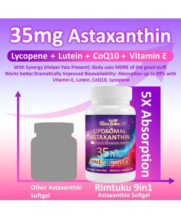 RimTuku Liposomal Astaxanthin Supplement Complex 9-in-1 with Ashwagandha Lycopene Zeaxanthin Antioxidant Supplement Support Eye Skin & Joint Health 60 Capsules - Buy Online on GoSupps.com
