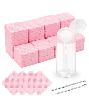 1080 + 3 Pcs Pink Lint Free Nail Wipes Kit  Disposable Nail Polish Remover Pads Non-Woven Nails Eyelash Extensions Wipes  Nail Polish Remover Wipes with 200 ML Bottle  2 Pcs Cuticle Pusher