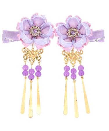 Minkissy Rhinestone Hair Clip 1 Pair Japanese Style Hair Clips Tassel Flower Kimono Traditional Hairpins Barrette Hair Clamp Bride Hanfu Accessory for Womens Girls (Purple) Hair Styling Accessories