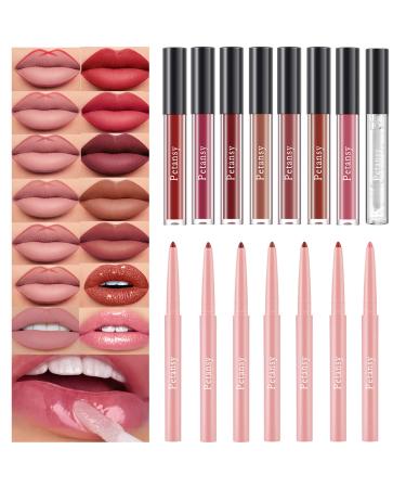 Petansy 15Pcs Lip Liner and Lipstick Set  7 Colors Lip Liner Pencil + 5 Colors Liquid Nude Lipstick + 2 Colors Matte Shimmer Lipstick + 1Pcs Lip Plumper Makeup Set Long Lasting Waterproof Lipsticks Gift Set (B)