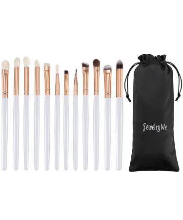 JewelryWe 12 Piece Eye Brush Set Cosmetic Brush Makeup Brush Sets Brushes with Bag White Rose Gold White (12PCS)
