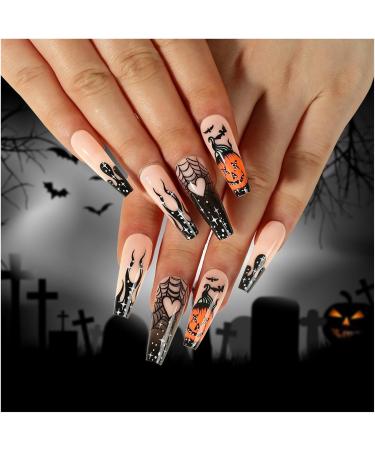 Nail art patches beautiful and fashionable nail patches finger decorations beauty decoration supplies wearable fake nails Halloween manicure black French flame hearts spider web pumpkin bat wear Jp2506 - Buy Online on GoSupps.com