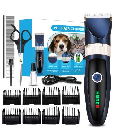 Dog Hair Clipper, Cordless Low Noise Hair Trimmer for Dogs & Cats, Rechargeable Pet Grooming Kit with Guide Comb, Comb, and Scissor Blue