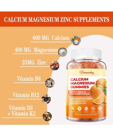 Calcium Magnesium Zinc Gummies with Vitamin D3 & K2 - High Absorption Magnesium Glycinate 400mg - Sugar Free Calcium Supplement - Support Nerve Muscle Mood & Immunity - for Adults Men Women Kids Orange 60 Count (Pack of 2) - Buy Online on GoSupps.com