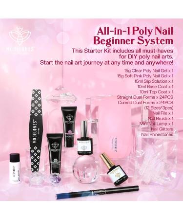 Modelones Poly Nail Gel Kit (15ML) Starter with U V Light 6W LED Nail Dryer Lamp 2 Colors Clear & Pink Gel Nail Extension Tips Kit with Top and Base Coat Natural Skin Tone Essential Manicure Tool - Buy Online on GoSupps.com