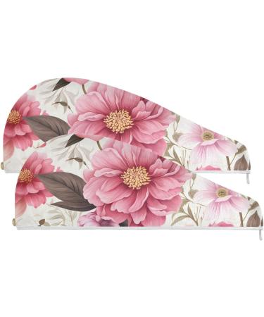 Pink Peony Hair Towel 2 Pack - Super Absorbent Quick Dry Hair Turbans for Women & Girls - Buy Online on GoSupps.com