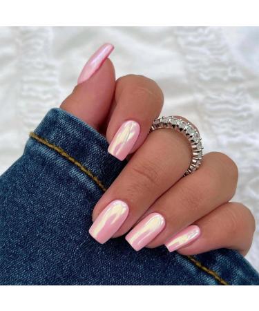 Coconut Pink Chrome Square Press On Nails - 24 PCS Metallic Fake Acrylic Nails | Short & Medium Coffin Style - High-Quality Glue-On Nail Art - Buy Online on GoSupps.com
