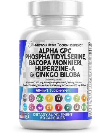 Brain Boost Supplement - Alpha GPC Choline 300mg, Phosphatidylserine 3000mg, Bacopa Monnieri 6000mg, Ginkgo Biloba 2000mg, Huperzine A 400mcg with L-Theanine, Uridine, Lions Mane, Cats Claw, NAC, Vitamin C, B, D, E - Made in USA - Buy Online on GoSupps.com