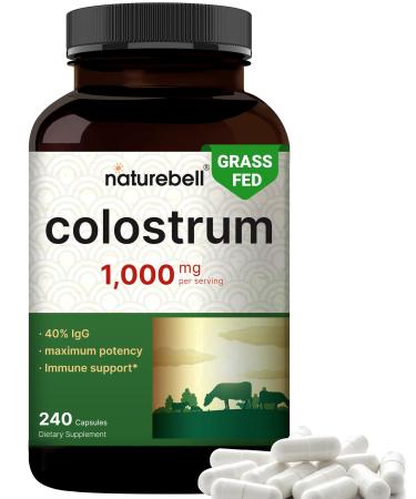 NatureBell Bovine Colostrum Supplement 1,000mg Per Serving 240 Capsules | 40% IgG Colostrum Powder for Gut Health Bloating Skin Hair & Immune Support Non-GMO
