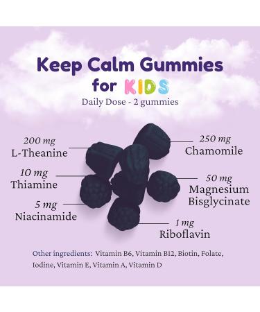 Dr. Kleins Keep Calm For Kids Gummies. Black Currant. Includes 100mg of L Theanine For Relaxation Restlessness & Nervousness Support. Chamomile Extract Vitamins & Minerals to Support Stress Relief. Naturally Sweetened. 30 Gummies. 30 count (Pack of 1) - Buy Online on GoSupps.com