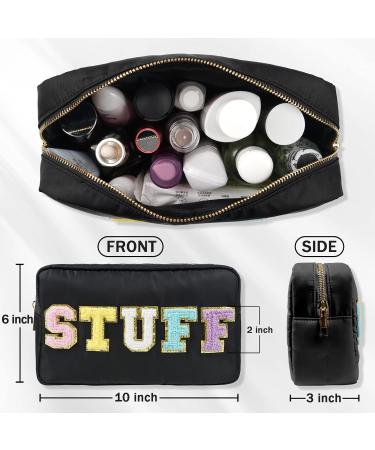 Chenille Letter Nylon Waterproof Makeup Bag for Women - Preppy Valentines Day Travel Organizer Pouch for Toiletries and Cosmetics Storage - Black - Buy Online on GoSupps.com