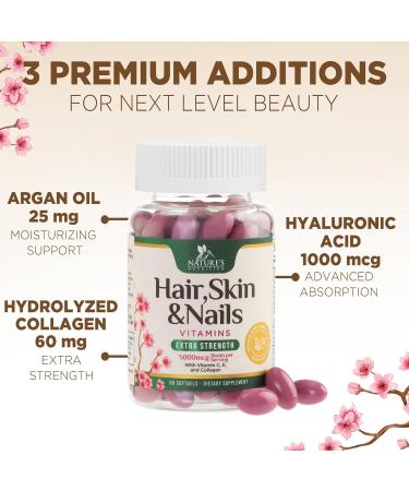 Hair Skin & Nails Vitamins for Women - Biotin 5000mcg to Support Hair Growth with Argan Oil Collagen & Hyaluronic Acid Beautiful Stronger Skin Hair & Nails Vitamin Supplement - 60 Softgels 60 Count (Pack of 1) - Buy Online on GoSupps.com