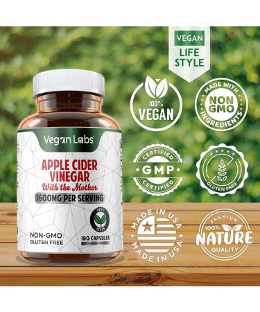Vegan Labs Apple Cider Vinegar Capsules - 180 Vegan ACV Pills for Digestion & Detox - 1600MG Keto-Friendly 100% Natural - Buy Online on GoSupps.com
