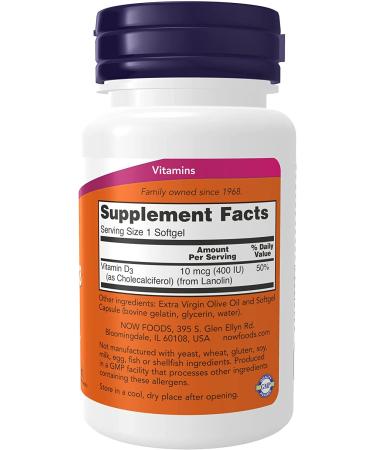 NOW Vitamin D-3 400 IU Softgels- Strong Bones & Structural Support - 180 Count - Buy Online on GoSupps.com