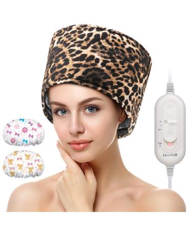 Hair Steamer Deep Conditioning Heat Cap Adjustable Hair Care Heating Cap with Intelligent Protection, Sturdy Material, and 2 Reusable Shower Caps, Gifts for Women (Leopard)
