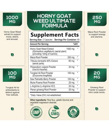 Horny Goat Capsules for Men & Women - 1590mg Extra Strength with Maca, Tongkat Ali, and Ginseng - Epimedium Supplement - 120 Capsules - Buy Online on GoSupps.com