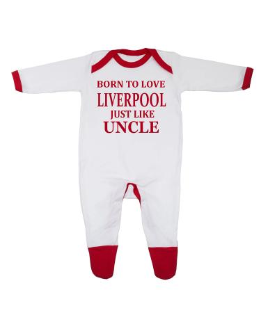 'Born To Love Liverpool Just Like Uncle' Baby Boy Girl Sleepsuit Designed and Printed in the UK Using 100% Fine Combed Cotton 9-12 Months White/Red Trim