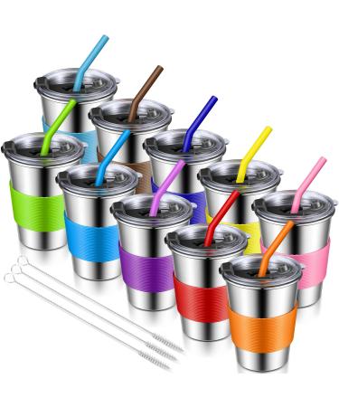 Eccliy 10 Pcs Kids Cups with Straws and Lids Toddlers Straws Tumbler with Lids Water Spill Proof Toddler Cups Stainless Steel Straw Sippy Cup Kids Metal Drinking Glasses for Children Adults (11.8 oz)