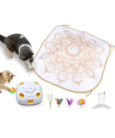 GoldenSun Cat Toy Chargeable 4-in-1 Interactive Kitten Toys for Indoor Cats Self Play Hide and Seek Cat Wand Toy Whack a Mole Exercise Cat Toys with 3Pcs DIY Replacement Feathers White Gold Passion Bohemian