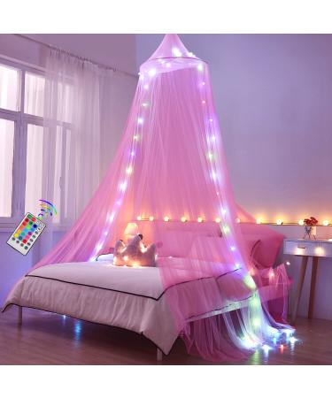 Akiky Bed Canopy for Girls with Lights,Canopy for Girls Room Twin Full Queen King Size Bed Netting for Kids Adults Child Toddler Princess Room Decor(Pink)