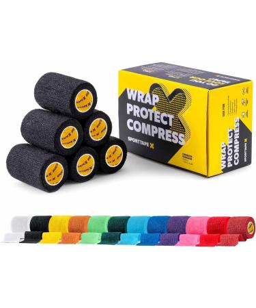 6 Rolls SPORTTAPE Self-Adhesive Football Sock Tape | 7.5cm x 4.5m - Black | Cohesive Bandage Shin Pad Tape Football Ankle Tape | Pet Bandage Vet Wrap for Dogs & Horses Compression Bandage Black 7.5x450 cm (Pack of 6)