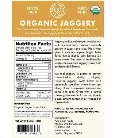 2.2 Lbs. Organic Jaggery - Pure Indian Foods(R) Brand - Gur Gud or Panela - Raw Brown Sugar - Buy Online on GoSupps.com