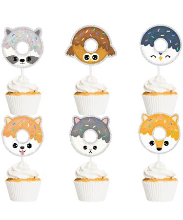 Cute Animal Donut Kids Happy Birthday Cupcake Toppers Set of 18 - This is a donut party baby shower or birthday party cartoon decoration that boys and girls will love - SugarGera
