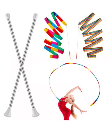 HyDren Dance Ribbons Colorful Rainbow Streamers Ribbon Dancer Wand 21 Inch Stainless Steel Twirling Baton Rhythmic Gymnastics Conducting Batons for Dancing Band Gymnastic White