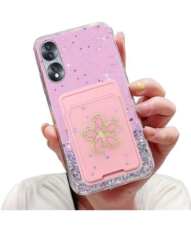 Tivenfezk Nadoli Silicone Sparkle wallet case for Honor 70 bling glitter star soft TPU protective cover cell phone case scratch -resistant with credit card holder Honor 70 pink