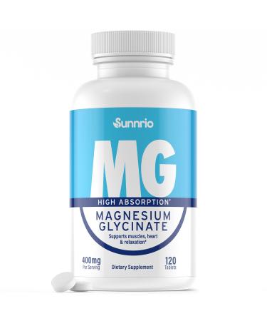 Sunnrio Magnesium Glycinate Supplement - 400mg per Serving - High Absorption Supports Muscle Heart Health Sleep and Relaxation* - Non-GMO Gluten-Free Vegan-Friendly - 120 Tablets