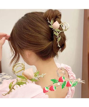 2PCS Hair Claw Clip  Strawberry and Peach Cute Metal Shark Clip Non Slip Hair Clamp Hair Barrette for Women Girls
