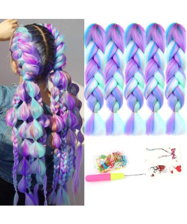 CliCling 4 Colors Mix Braiding Hair Extensions Jumbo Hair 5pcs/Lot 24 Inch Synthetic Colorful Braiding Hair Extension for Crochet Box Braids Twist Braiding Hair (Light Cyan/Pink/Purple/Green)