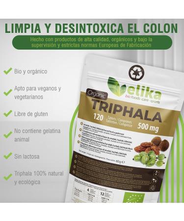 BIO Triphala Elikafoods ORGANIC 120 tablets of 500 mg Cleanses and detoxifies the colon Against constipation. Natural vegan and gluten free. Easy to take. Direct from the Himalayas - Buy Online on GoSupps.com