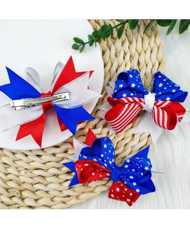 4th of July Patriotic Hair Barrettes - White Blue Red Bows Alligator Clips Set - Buy Online on GoSupps.com