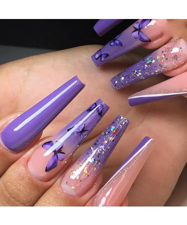 24Pcs Long Coffin Acrylic Nails Purple Press on Nails with Butterfly Designs Glossy Full Cover Glue on Nails Long Ballet Butterfly Nails Gradient False Nails for Women and Girls Fingernail Manicure style5