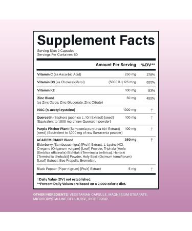 ACADEMICIAN Vitamin D3 K2 Capsule Zinc Supplements Quercetin NAC N-Acetyl Cysteine Sarracenia Supplement - 120 Count - Buy Online on GoSupps.com