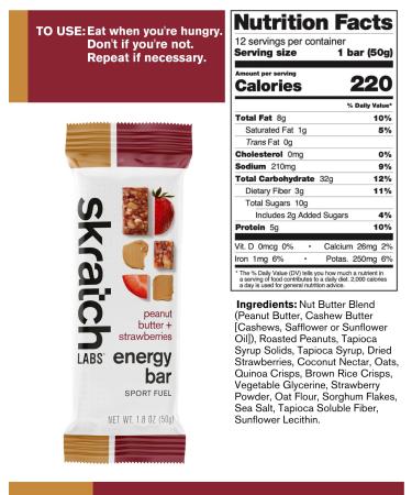 SKRATCH LABS Peanut Butter + Strawberries Energy Bars (12 pack) | Plant Based Healthy Snack | Low Sugar, 5g Protein | Non-GMO, Gluten Free, Soy Free, Vegan, Kosher - Buy Online on GoSupps.com