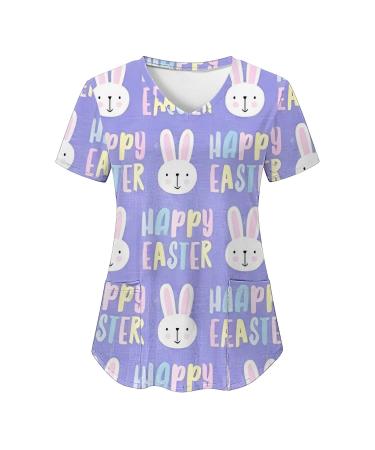 Foldap Easter Nurse Uniforms for Women, Breathable Cute Patterned Short Sleeve V-Neck Plus Size Shirts Tee Tops with Pockets Large C1-purple