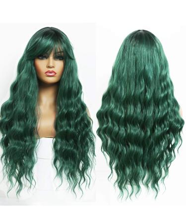 Andria Green Blue Synthetic Wig with Bangs - 26 Inch Long Loose Curly Wave Ombre Green Hair for Women - Buy Online on GoSupps.com