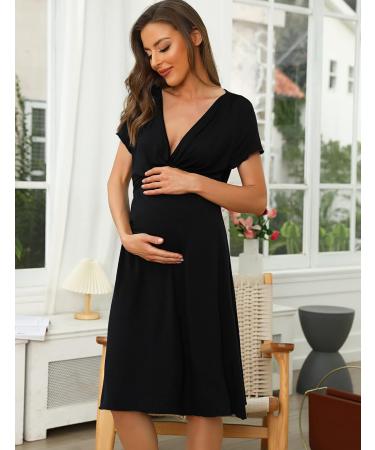 Irdcomps Women's Soft V Neck Nursing Nightgown - Maternity Nightdress for Breastfeeding - Casual Black Pajama Loungewear - Buy Online on GoSupps.com