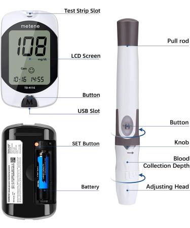 Metene TD-4116 Blood Glucose Monitor Kit  100 Glucometer Strips  100 Lancets  1 Blood Sugar Monitor  1 Lancing Device  Blood Sugar Test Kit  No Coding 207 - Buy Online on GoSupps.com