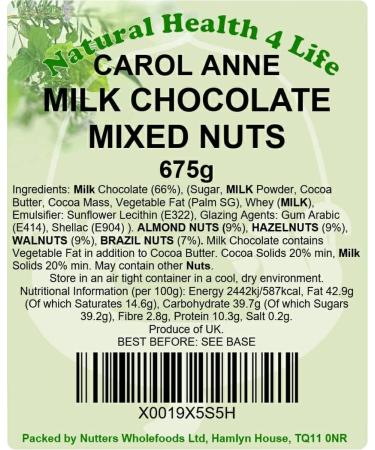 Natural Health 4 Life Carol Anne Confectionery Milk Chocolate Mixed Nuts Almond Nuts (Almonds) Brazil Nuts (Brazils) Hazelnuts Walnuts 675 g in Recyclable Gift Jar (1 Jar) - Buy Online on GoSupps.com