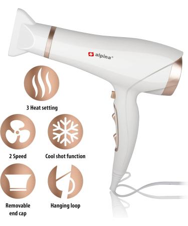 alpina Hair Dryer 19002300W Hairdryer with 3 Heat Settings Hair Dryer with Cool Shot Hair Dryer incl Extra Blow Nozzle and Hanging Loop WhiteRos  - Buy Online on GoSupps.com