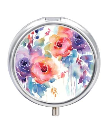 Pill Box Pill Case 3 Compartment Travel Pill Box Watercolor Floral Printing Small Pill Box Portable Medicine Pill Case Pill Organizer for Purse & Pocket for Travel Handbag (Round)