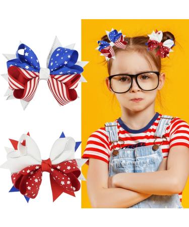 Patriotic 4th of July Hair Bow Clips with Glitter Star Detail - Independence Day Hair Accessories for Kids Girls - 2 Pack - Buy Online on GoSupps.com