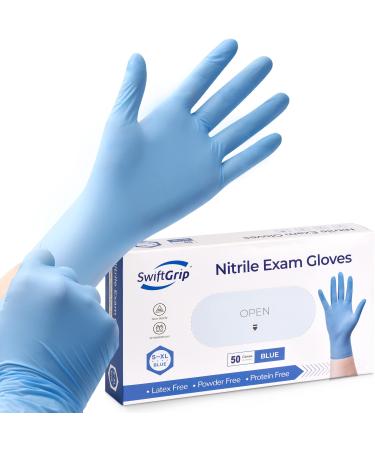 SwiftGrip Disposable Nitrile Exam Gloves 3-mil Blue Nitrile Gloves Disposable Latex Free Medical Gloves Cleaning Gloves Food-Safe Rubber Gloves Powder Free Non-Sterile 50-ct Box (Medium) Medium 50