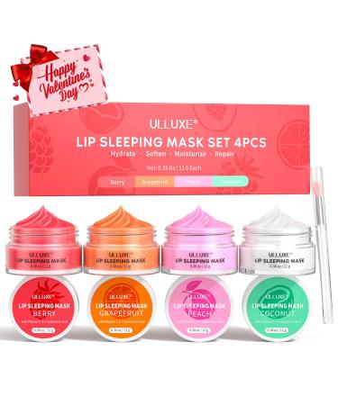 Lip Mask Set 4 Pcs Valentine's Day Gifts for Women Overnight Lip Sleeping Mask with Shea Butter Hyaluronic Acid & Vitamin C Nourishes Hydrates Dry Flaky Lips Moisturizing Lip Care Gift
